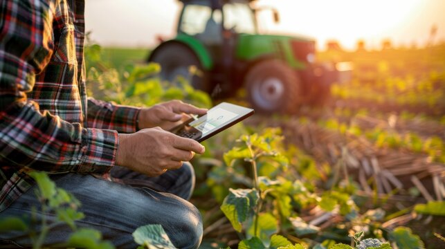 A farmer using a tablet com puter in a field with a tractor in the background during sunset.