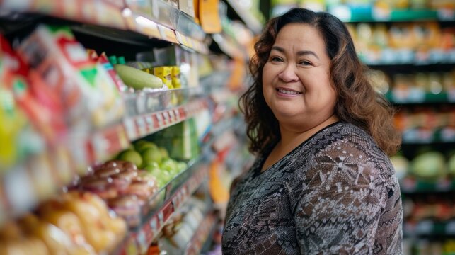 A smiling woman in a patterned top standing in a grocery store aisle with various food items on the shelves.
