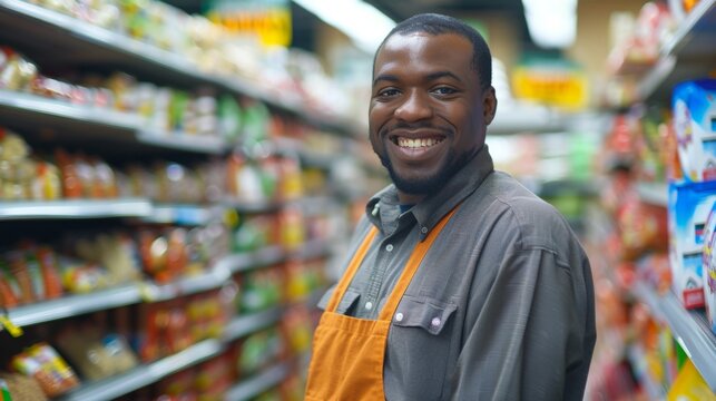 Smiling man in orange apron standing in a supermarket aisle with various packaged goods.