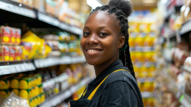 Smiling woman in a supermarket aisle wearing a black shirt with yellow trim surrounded by various packaged goods.