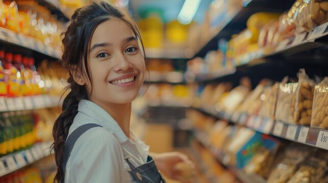Smiling young woman in a grocery store aisle wearing a white shirt and apron surrounded by various food products.