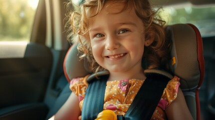 Smiling young girl with curly hair wearing a colorful dress seated in a car seat with a yellow toy in her hand.