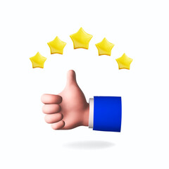 Thumb up pointing, Hand like sign and five stars rating. Positive feedback. Success, feedback, review, quality. Vector 3d illustration - 780529440