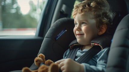 A young child with curly hair smiling and holding a teddy bear seated in a car seat with a window view of trees and a road. - obrazy, fototapety, plakaty