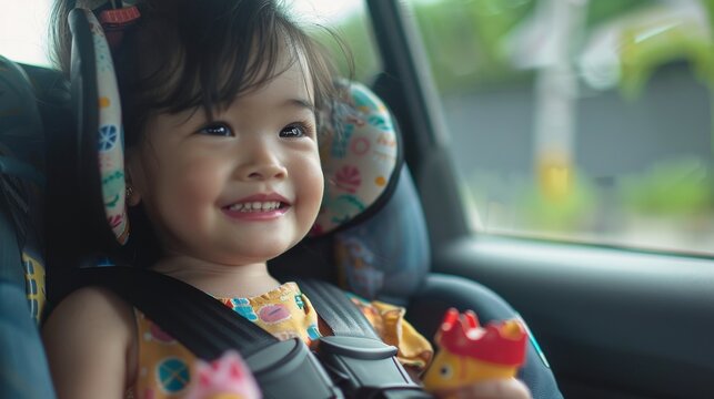 A joyful young girl with dark hair wearing a colorful dress seated in a car seat with a toy in her hand looking out the window with a smile on her face.