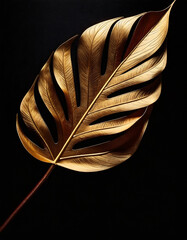 tropical golden leaf and twig, on a dark black background