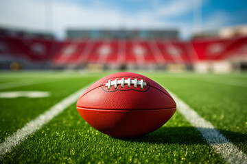 Obraz premium Vibrant American Football Scene with Ball on Field at Stadium. Generative AI