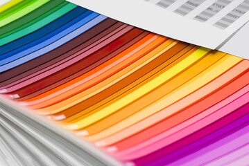 Color page background lines with a palette of samples. Chart, paper colorful quide, iridescent slightly rounded rows of pages.;