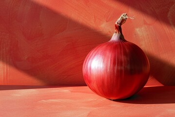 Fresh red onion on table against vibrant red wall with sunlight shining on it