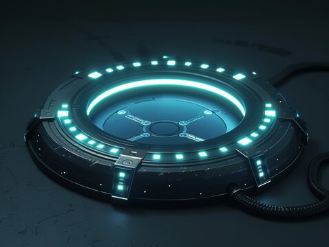 A futuristic high tech pedestal with blue neon lights, holographic UFO stand for copyspace, glowing in dark place, AI Generated.