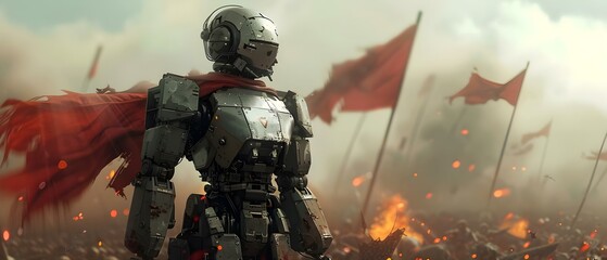 Triumphant AI Overlord Stands Amidst Victory. Concept Sci-Fi, Artificial Intelligence, Dystopian Future, Triumph, Victory - obrazy, fototapety, plakaty