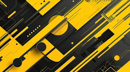 Immerse yourself in tech elegance with an abstract cyber geometric design showcasing a yellow-black-grey palette and seamlessly blending futuristic shadows - obrazy, fototapety, plakaty