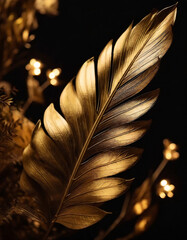 tropical golden leaf and twig, on a dark black background