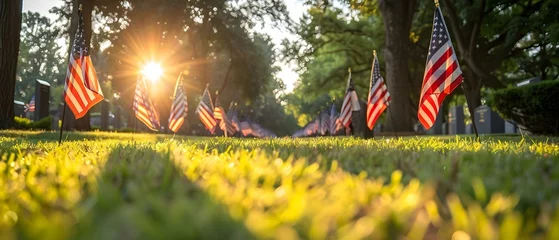 Fotobehang Sunrise Salute: A Tranquil Tribute to Veterans. Concept Veterans Day, Sunrise Ceremony, Peaceful Tribute, Military Honors, Gratitude Sunrise © Ян Заболотний