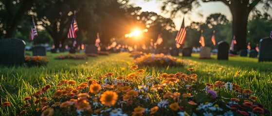Honoring Heroes at Sunset with Flags and Flowers. Concept Patriotic Tributes, Sunset Photoshoot, Veteran Appreciation, Flag Display, Flowers and Flags