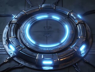 A futuristic high tech pedestal with blue neon lights, holographic UFO stand for copyspace, glowing in dark place, AI Generated.