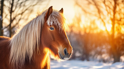horse in the snow in winter at sunset