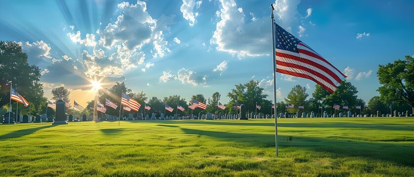 Sunrise Salute: American Flags Honor Veterans. Concept Salute to Service, American Flags, Veterans Tribute, Sunrise Photo, Patriotic Pride
