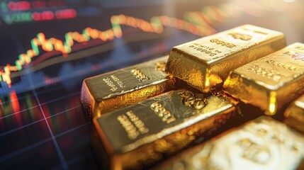 Gold bars over financial market data graph, symbolizing wealth in global finance, Concept of market investment and economic trends