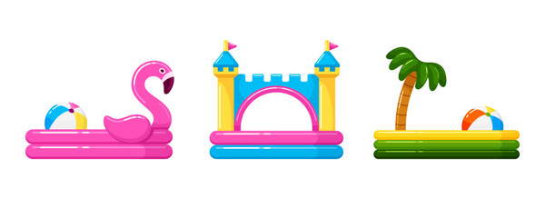 Fototapeta premium Kids inflatable pools for summer beach party or playground. Rubber paddling pools in shape of pink flamingo, castle and ring with palm with ball floating in water, vector cartoon illustration
