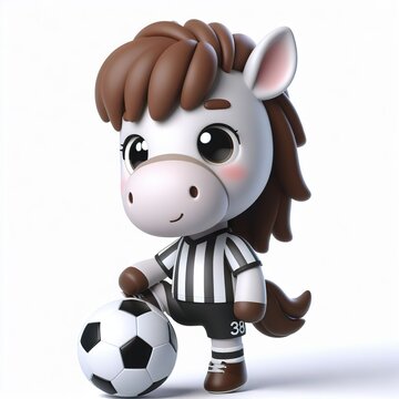 Cute character 3D image of a cute Horse with simple football clothes playing a ball, funny, happy, smile, white background