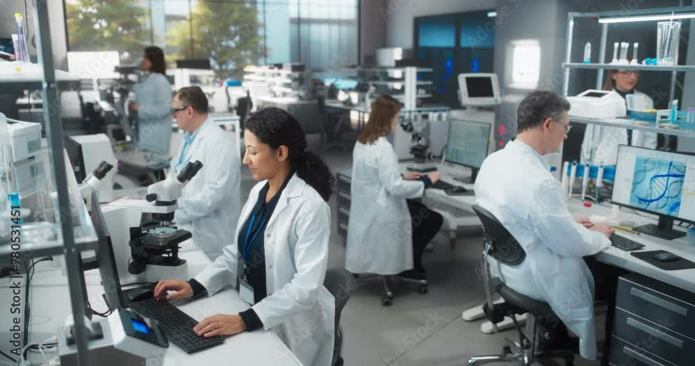 Poster Team of Research Scientists Using Microscopes and Computers, Analyzing Test Trial Data of a New Generation Medical Drug. Diverse Men and Women Working in a Modern Bioengineering Laboratory. High Angle