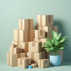 Minimal stylized simple beige cardboard boxes. 3D