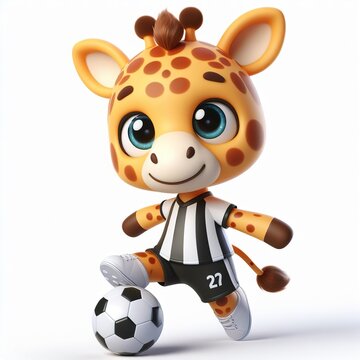 Cute character 3D image of a giraffe with simple football clothes playing a ball, funny, happy, smile, white background