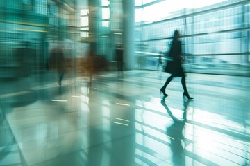 Dynamic Movement: Motion blur in corporate office lobby, capturing the fast-paced energy and bustling activity in a modern, professional workspace - obrazy, fototapety, plakaty