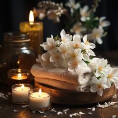 Obraz na płótnie Canvas Jasmine essential oil candles and towels flowers night view