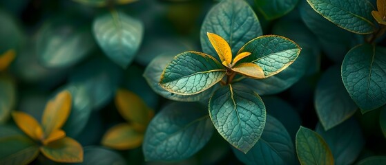 Vibrant close-up of green and yellow terrestrial plant leaves in a natural landscape. Concept Close-up Photography, Nature, Plant Leaves, Green and Yellow, Vibrant Colors