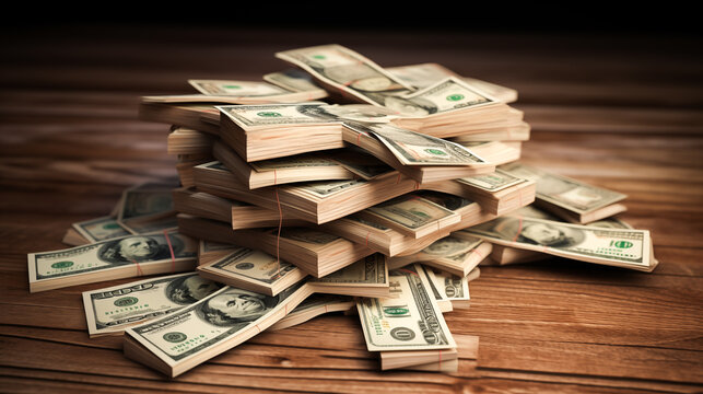 Dollars. Pile from packs of money, Dollar banknotes heap, Money Pile of packs of hundred dollar bills stacks, business trading