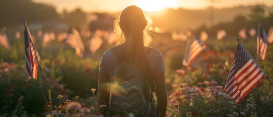 Solemn Tribute at Sunset: Flags and Flowers Remember the Fallen. Concept Memorial Day Ceremony, Patriotic Tribute, Sunset Remembrance, Fallen Soldiers, Flags and Flowers - obrazy, fototapety, plakaty