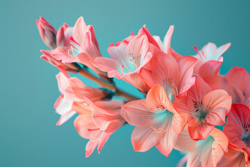 Obraz na płótnie Canvas Pink gladiolus flowers bouquet on blue minimal backdrop natural floral macro background wallpaper