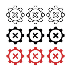 Cross Mark Gears Set Glyph Flat Outline