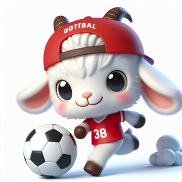 Cute character 3D image of a cute goat with simple football clothes playing a ball, funny, happy, smile, white background