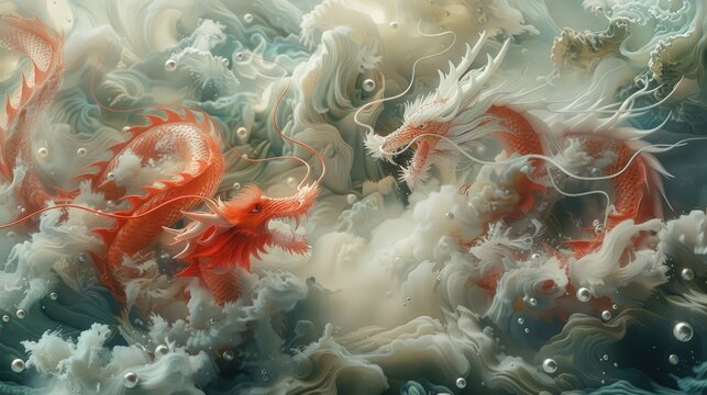 An intricate digital art piece depicting two majestic white dragons entwined in an ethereal dance amongst swirling golden cosmos and celestial clouds. Generative AI