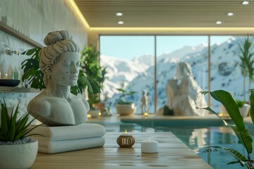 Luxurious Spa Retreat with Classical Bust and Snowy Mountain View Through Panoramic Windows