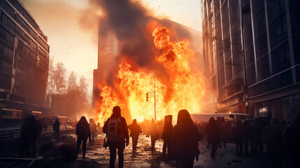 Scene of explosions in the city, People running away, escaping, shocked, traffic jams, Disaster, end of the world, The background is a building that caught fire