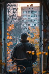 Obraz premium A man stands at a large window in an apartment, a builder is replacing a window, repair, restoration after an explosion or war