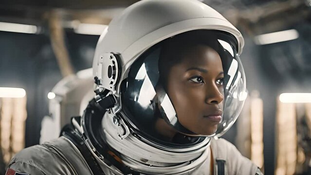 A woman astronaut with a dark complexion, wearing a space suit.