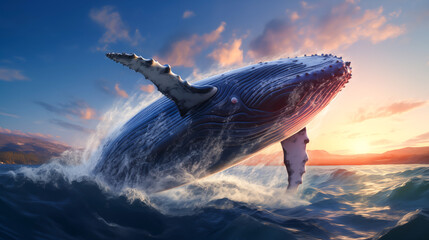 Fototapeta premium A big whale emerges from water in the sea, splash, Turn around, showing, blue and orange sky, dark blue sea