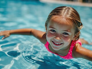 Cute happy girl in swimming resort pool colorful vacation concept.