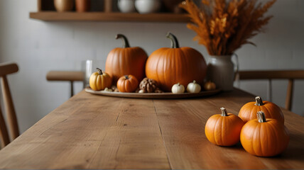 Wooden table and pumpkins, rustic kitchen interior with autumn fall decorations, blurred background.Selective focus and copy space.