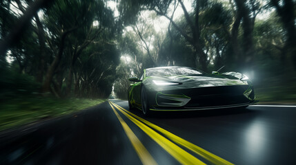 Obraz premium Electric car drive on road. Electric car driving on the road with green nature. Electric car and EV electrical energy for environment. Ecosystem, Healthy environment