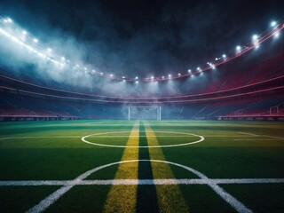 textured soccer game field with neon fog center, midfield, 3D Illustration - obrazy, fototapety, plakaty