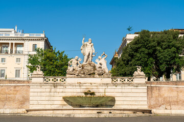 Rome, Italy. Fontana del Nettuno in Piazza del Popolo (Rome). Morning hours