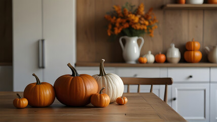 Wooden table and pumpkins, rustic kitchen interior with autumn fall decorations, blurred background.Selective focus and copy space.