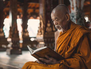 An elderly monk is reading a book. AI generated.