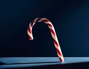 Fotobehang A single candy cane forming a graceful arch, its red and white stripes popping against a deep navy backdrop © patsai
